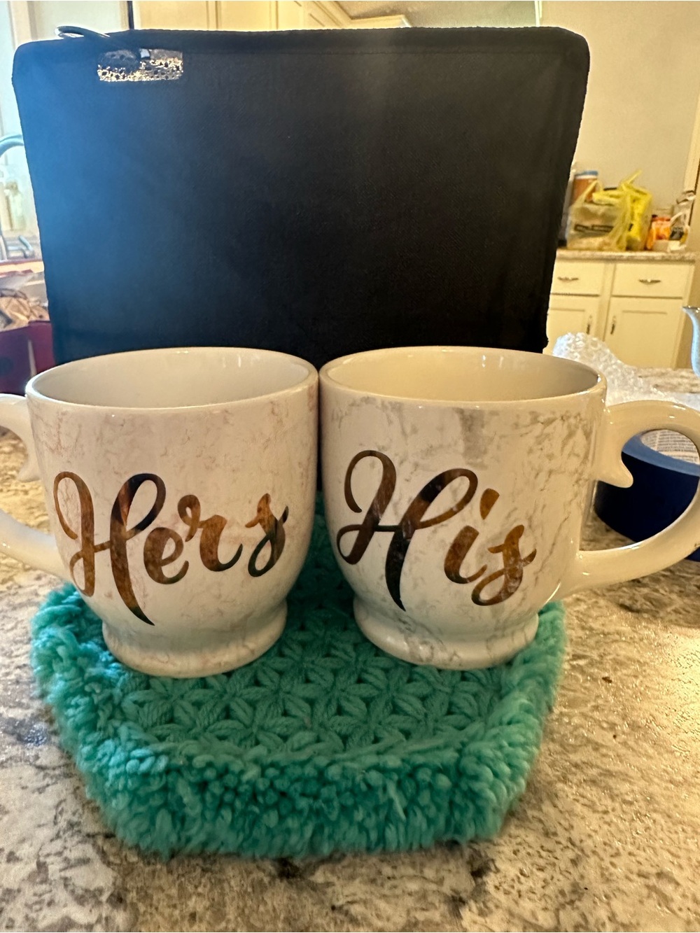 C4- White Marble 'His' ‘Hers’ Ceramic Coffee Mugs with Gold Script